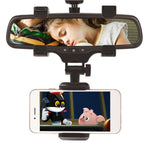 Rearview mirror phone holder cradle for cars, supports 360° rotation and fits phones 3-5.5 inches for convenient viewing.