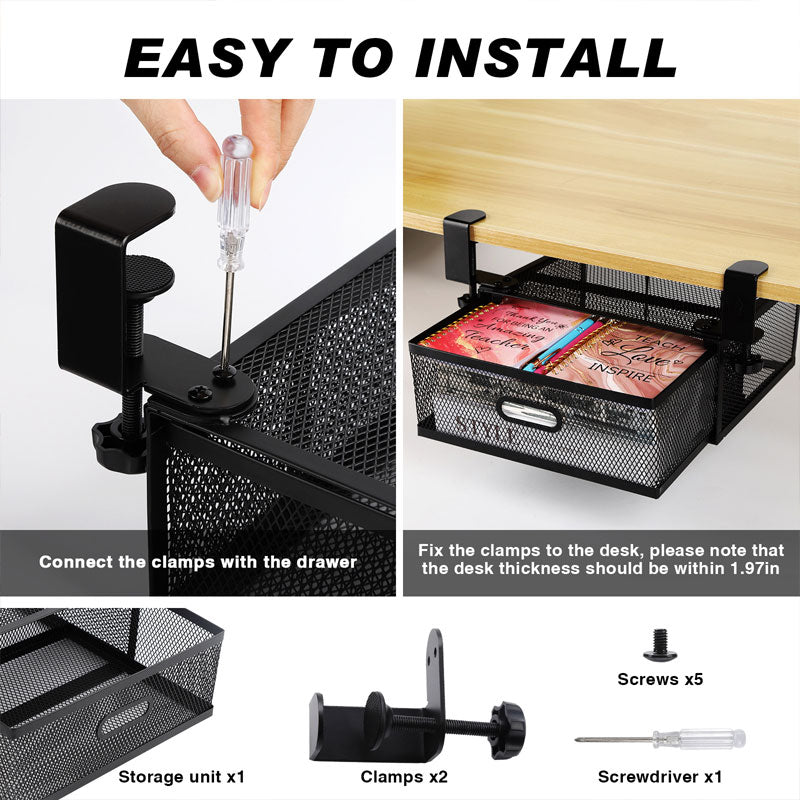 New punch-free under-desk drawer, hidden single-layer shelf, and metal lockable storage basket for office desks. eprolo