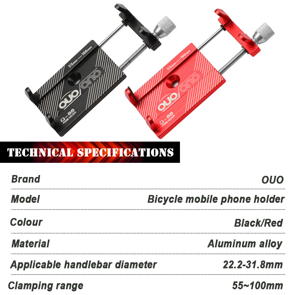 OUO aluminum alloy bicycle mobile phone holder in black and red, with specs showing 55–100mm clamping range and 22.2–31.8mm handlebar fit.