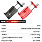 OUO aluminum alloy bicycle mobile phone holder in black and red, with specs showing 55–100mm clamping range and 22.2–31.8mm handlebar fit.