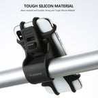Black silicone bicycle phone holder securely mounted on handlebar, showcasing durable and flexible shockproof design for 4-7 inch phones.