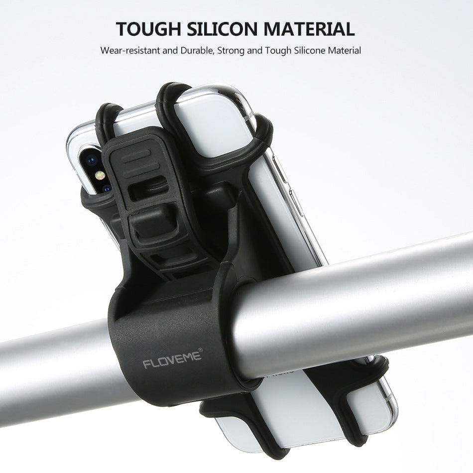 Black silicone bicycle phone holder securely mounted on handlebar, showcasing durable and flexible shockproof design for 4-7 inch phones.