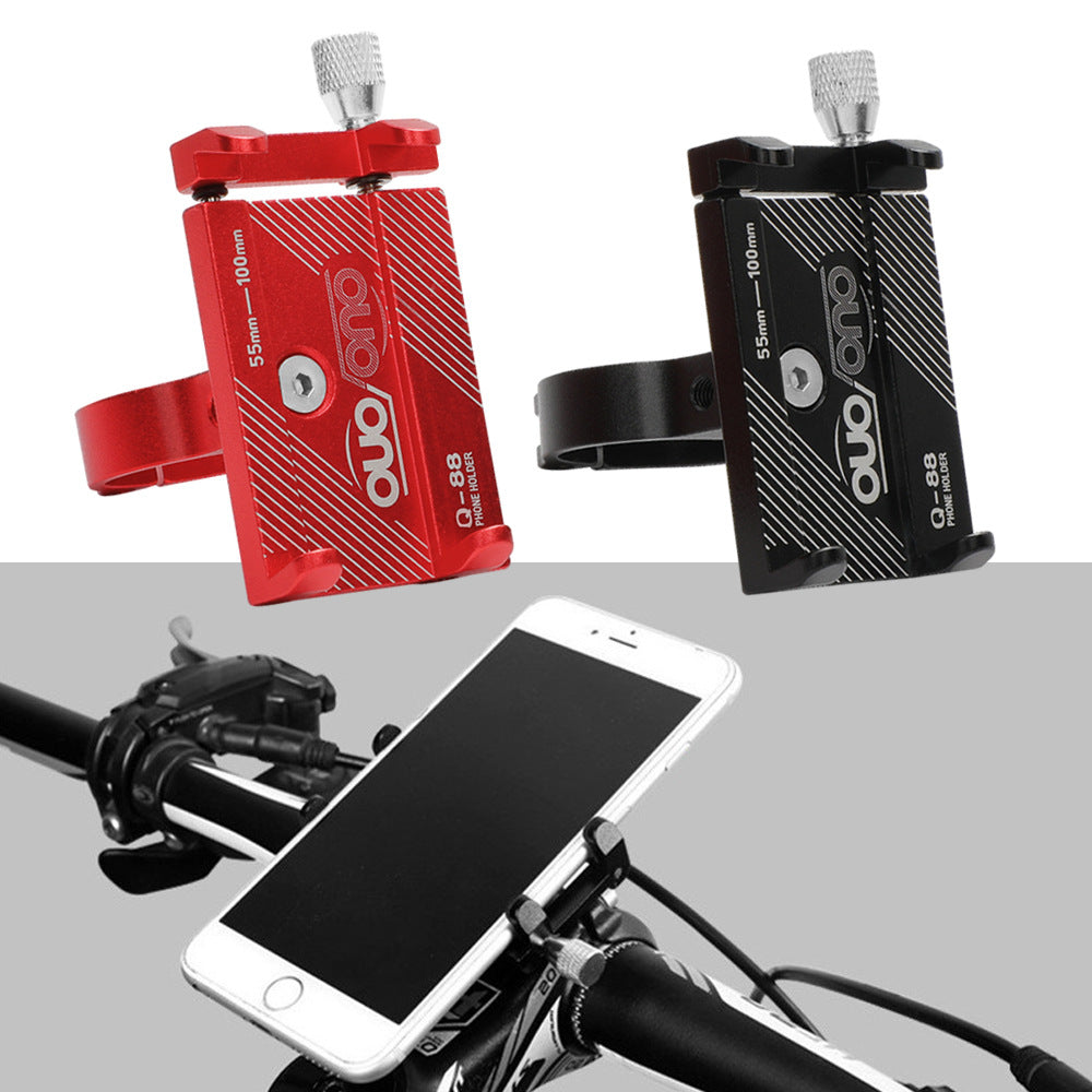 Bicycle CNC mobile phone holder in black and red alloy, mounted on electric vehicle handlebar for navigation and cycling equipment use.