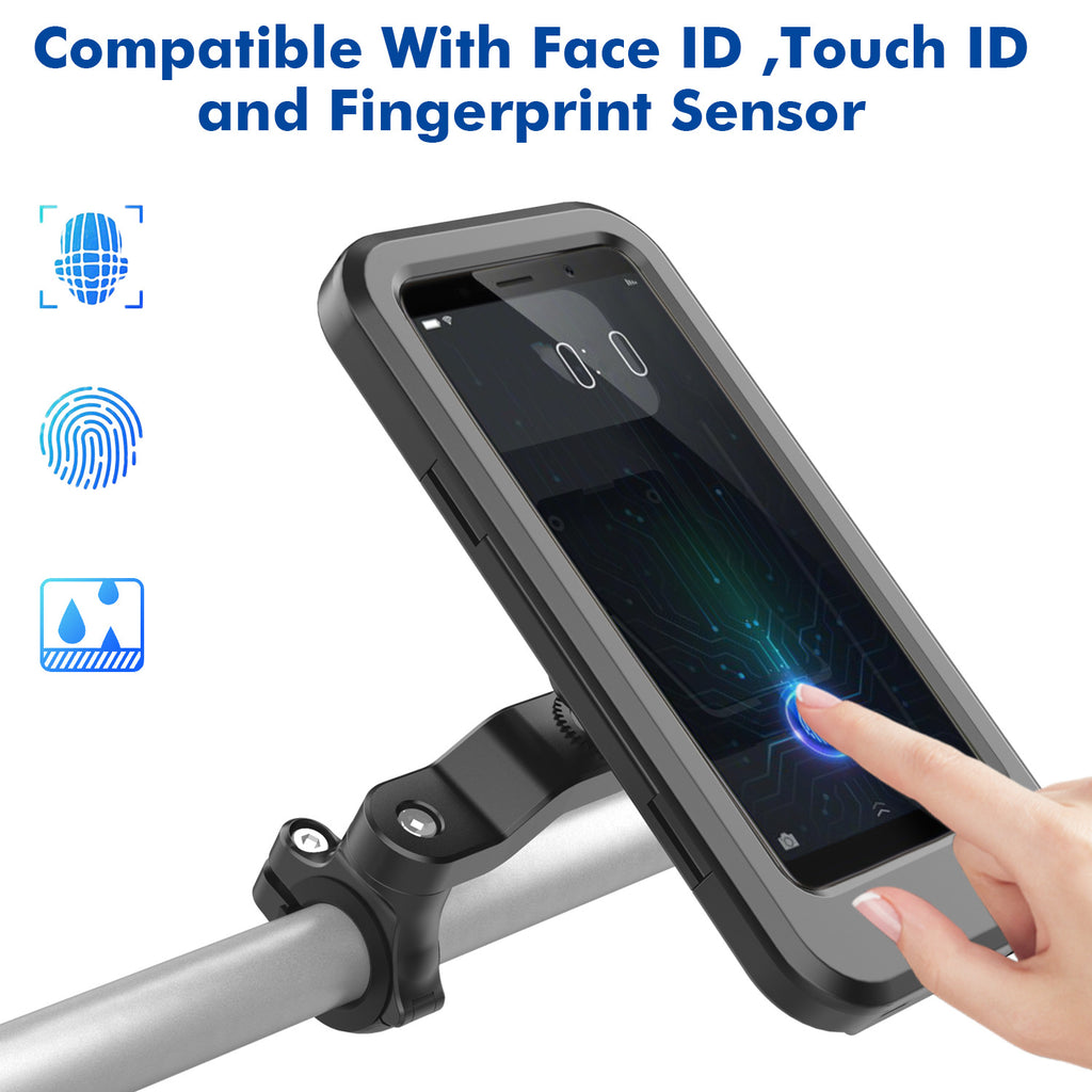 Waterproof Bicycle Phone Holder with touch screen compatibility, supports Face ID, Touch ID, and fingerprint sensor for riding equipment.