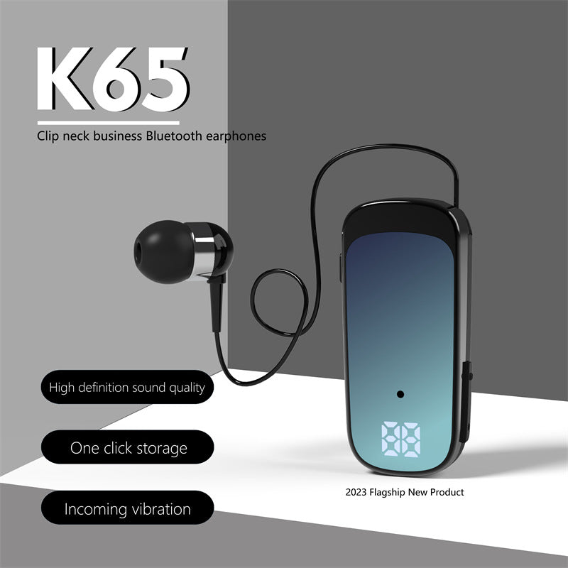 K65 Collar style Telescopic Cable Bluetooth Earphones In Ear Digital Display Long Range Business Single Ear Earphones 5.2 eprolo