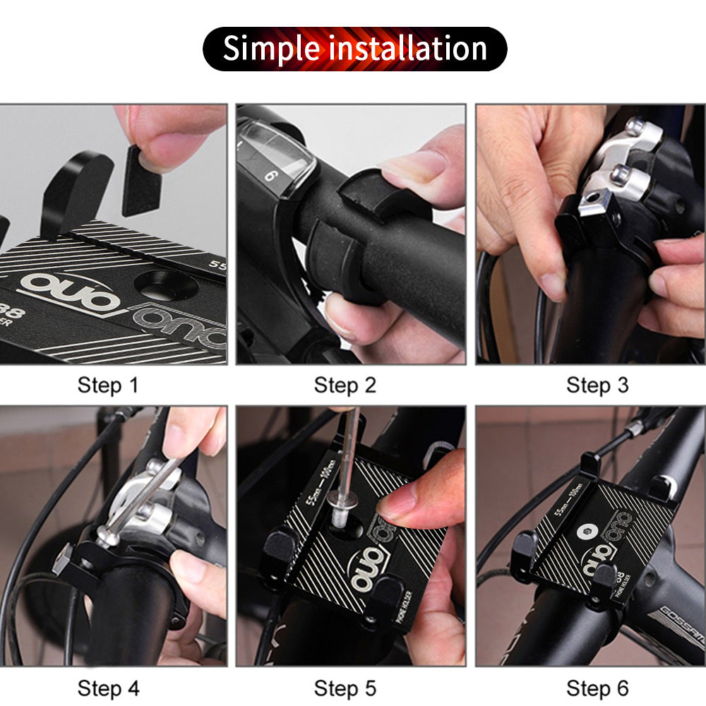 Step-by-step installation guide for black CNC bicycle phone holder, showing easy mounting on electric vehicle handlebars.