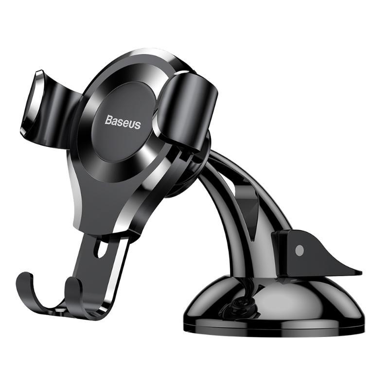 Baseus suction mount phone holder in black, designed for smartphones 63mm-88mm wide, with adjustable arm and stable base.