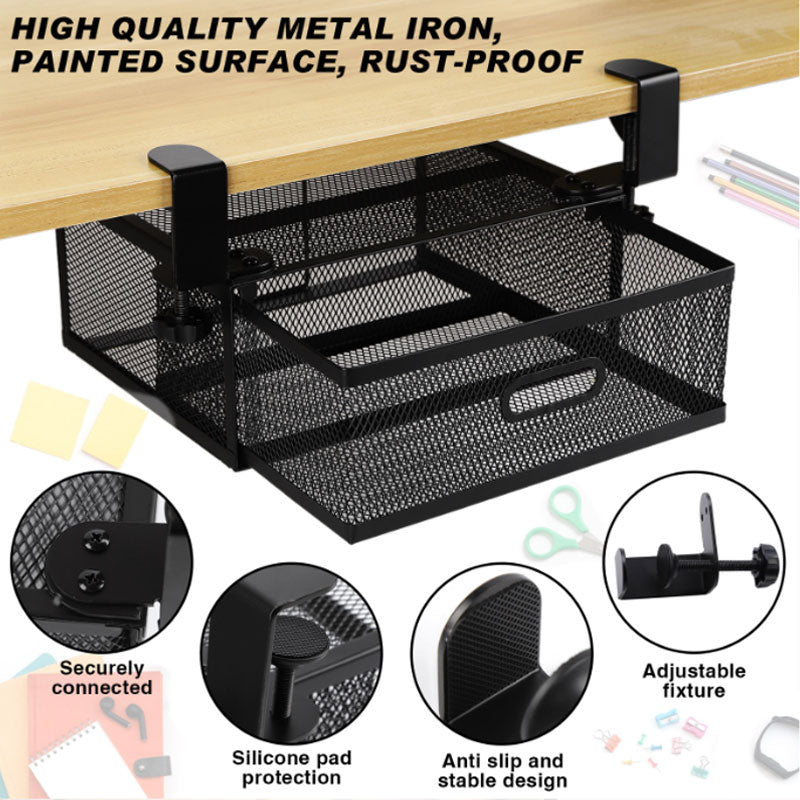 New punch-free under-desk drawer, hidden single-layer shelf, and metal lockable storage basket for office desks. eprolo