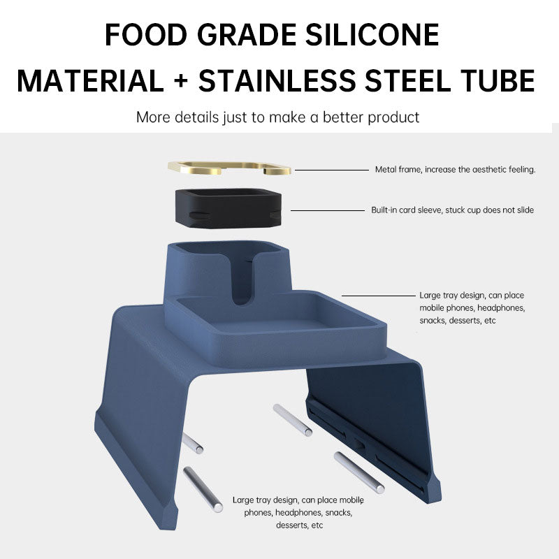 Exploded view of multifunctional silicone sofa armrest cup holder with stainless steel tubes and tray for drinks, phones, and snacks.