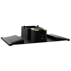 Angled view of black silicone sofa armrest cup holder with elevated tray and gold-trimmed cup slot for stylish drink organization.