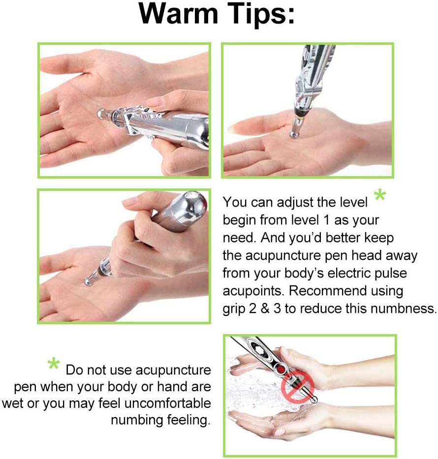Usage tips for 5 in 1 Electronic Acupuncture Pen showing how to adjust intensity and avoid discomfort during pulse acupuncture massage.