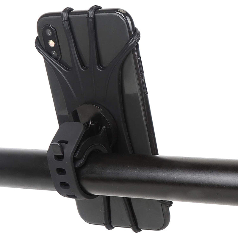 Black smartphone secured in Driving Silicone Phone Holder Ultra Light 360 Degree Rotating Mountain Bike Phone Holder on a black bicycle handlebar.
