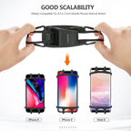 Flexible silicone bike phone holder demonstrating compatibility with iPhone 8, iPhone X, and Note 8, stretching to fit 4-6.3 inch devices.