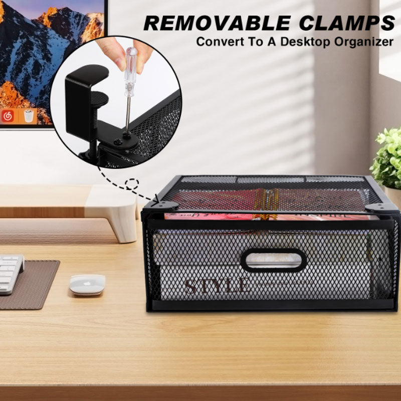 New punch-free under-desk drawer, hidden single-layer shelf, and metal lockable storage basket for office desks. eprolo