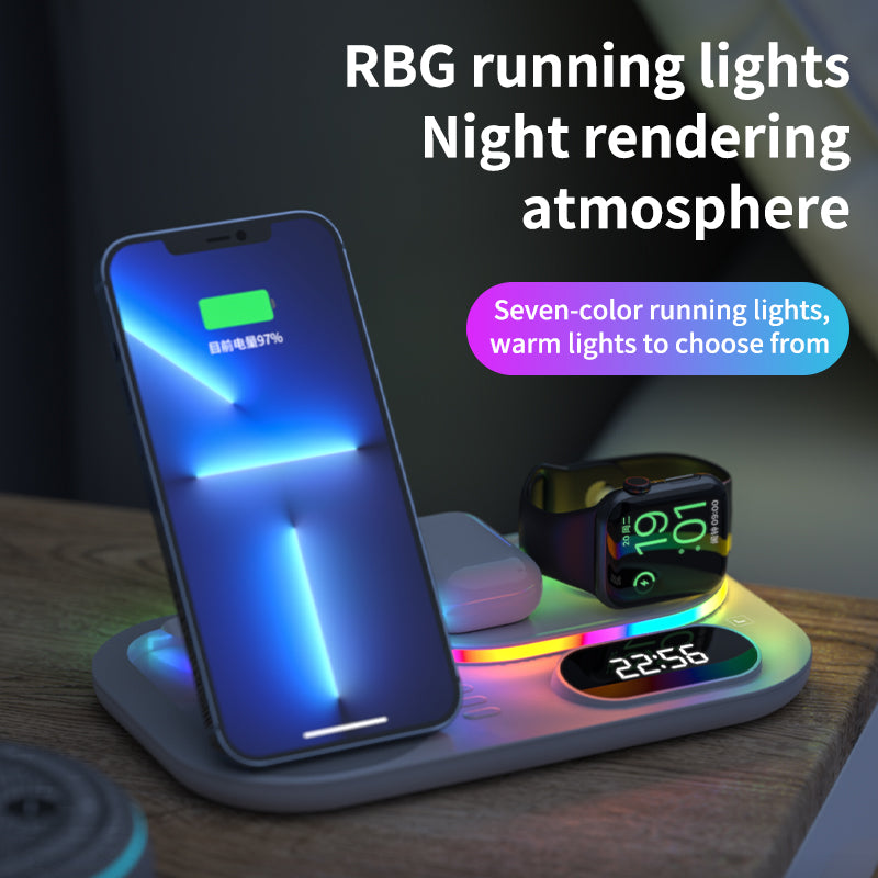 New Three-In-One Wireless Charger With Clock Fast Charging Rgb Atmosphere Light Multi-Function Wireless Charger For Mobile Phone