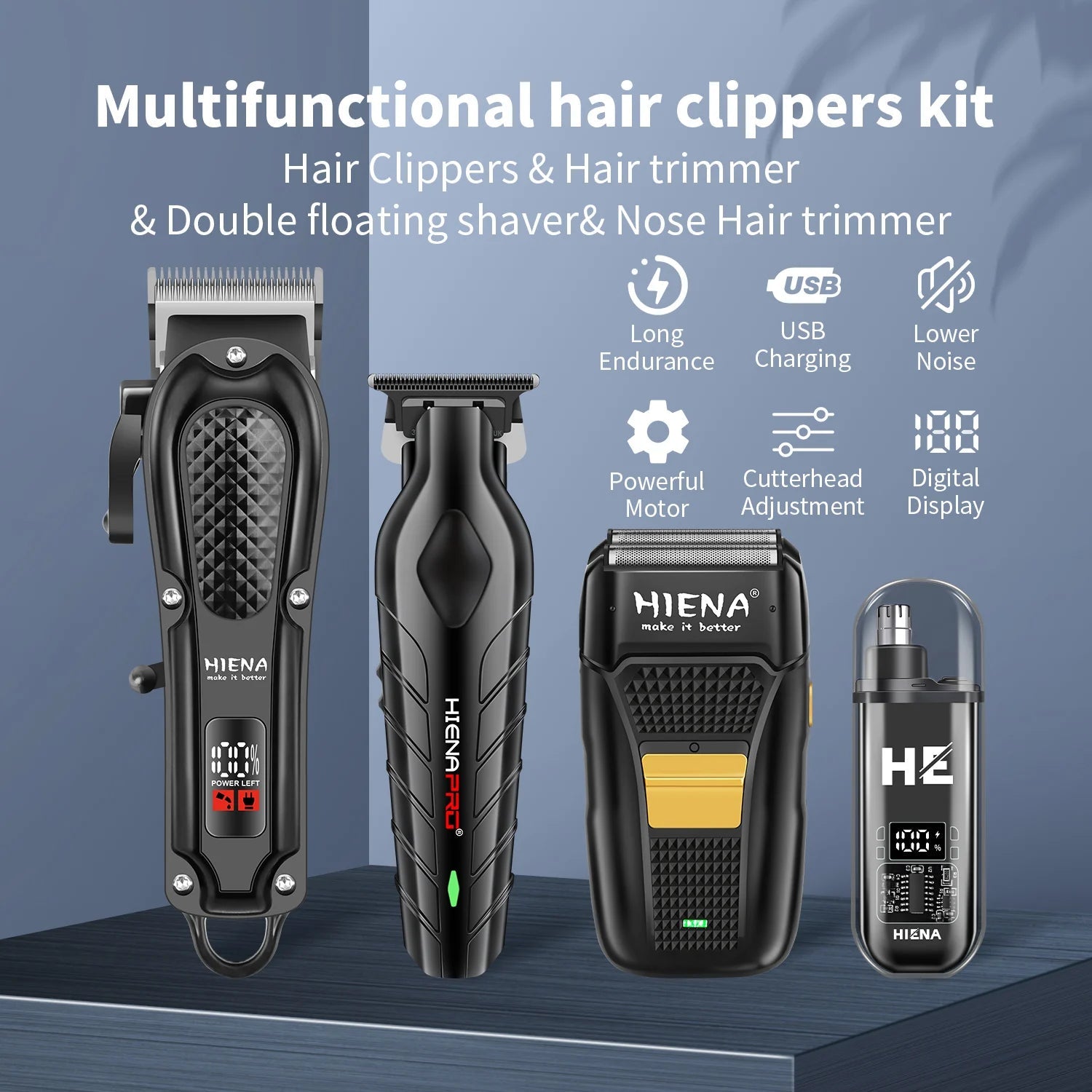 hiena Finish Machine Electric Professional Electric Hair Clippers Beard Clipper Rechargeable Men's Shaver Hair Trimmer Kit BladeNest